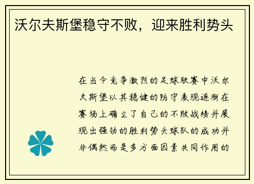 沃尔夫斯堡稳守不败，迎来胜利势头